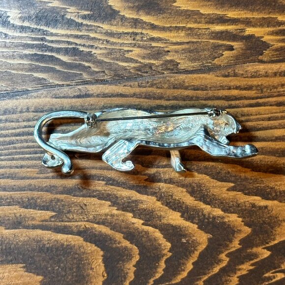 Vintage Pewter Panther Brooch with Green Rhinestone Eyes – 3” L x 1” H - 1980's - Picture 2 of 7